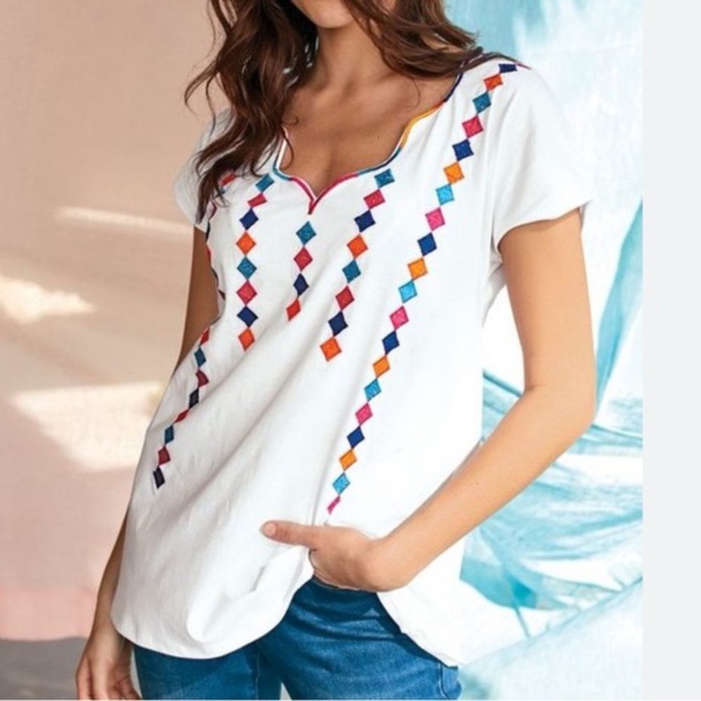 Soft Surroundings White Orange Embellished Tee